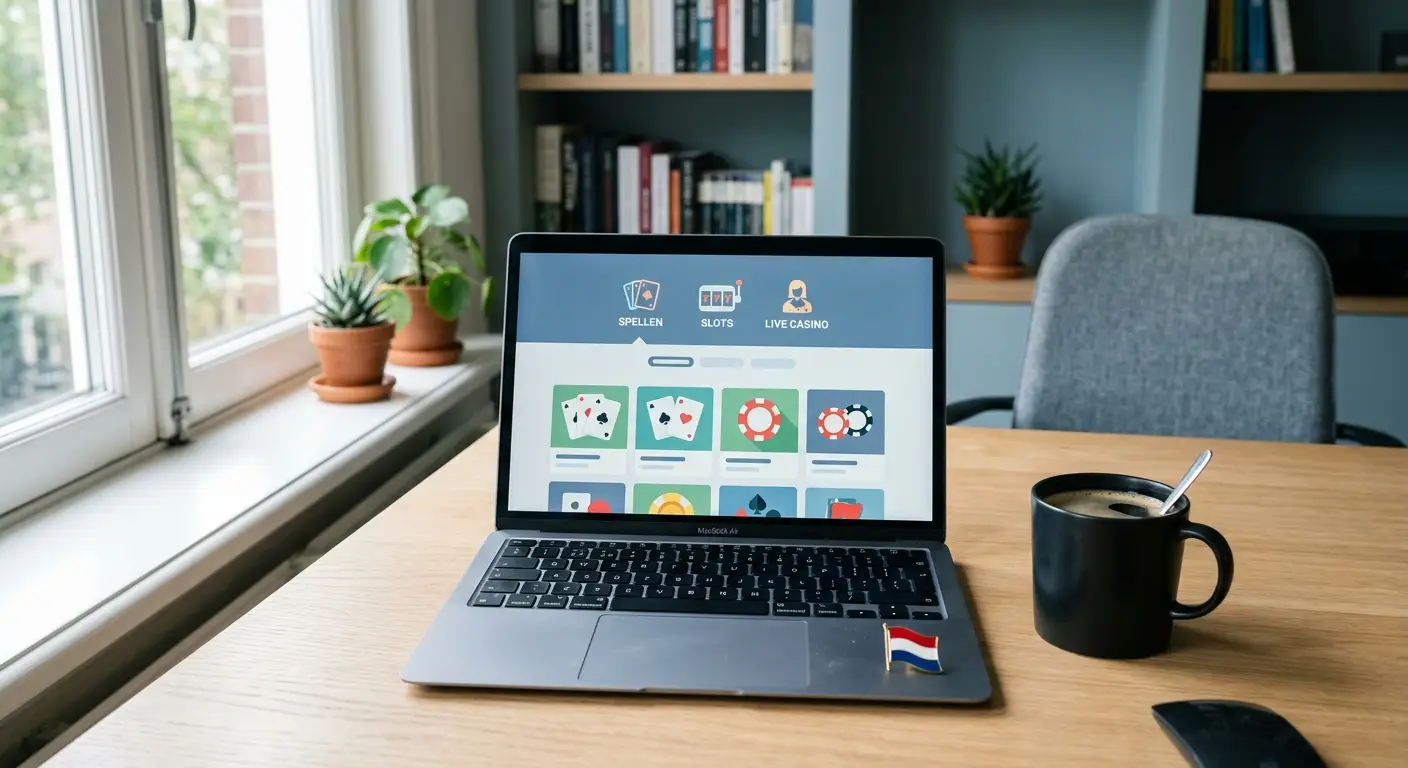 beste online casino zonder Cruks Nederland 2026 gids met laptop en koffie op bureau