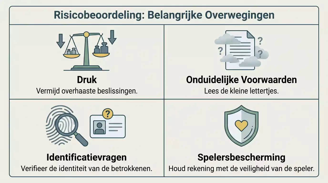 Rustige risicokaart met signalen zoals druk, onduidelijke voorwaarden en ontbreken van bescherming