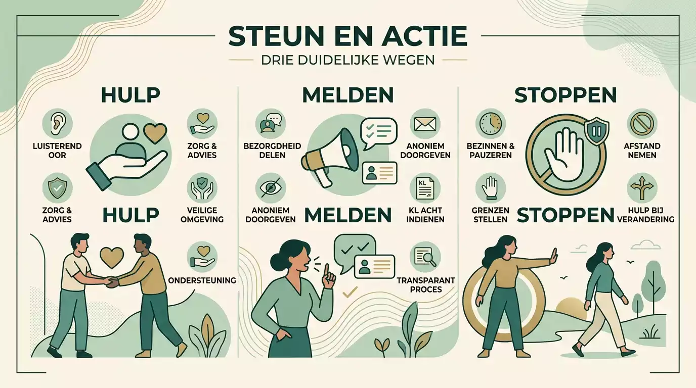 Overzichtelijke routekaart met hulp, melden en stoppen als rustige vervolgstappen