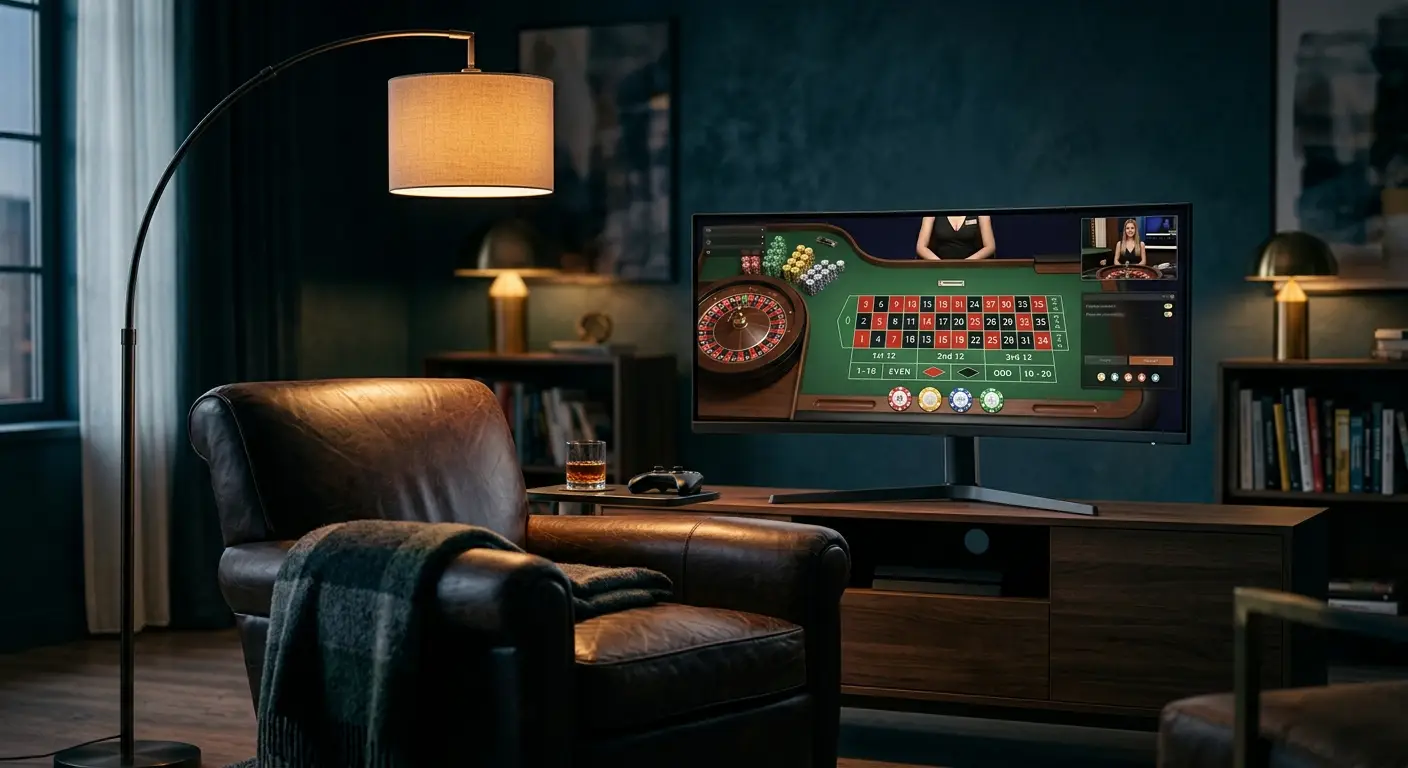 live casino zonder Cruks roulette tafel op groot scherm in huiskamer